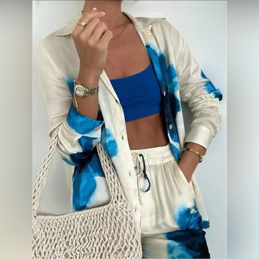 Zara Cream and Blue Blouse